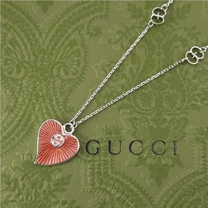 NEW Full Set Gucci Red Heart Pendant Necklace Women 925 Silver GG Logo NIB